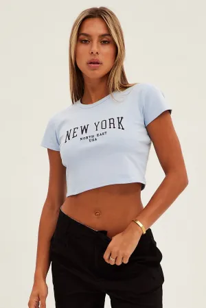 Blue Baby Tee Short Sleeve Crop Round Neck Fresh Outfit Everyday Comfort
