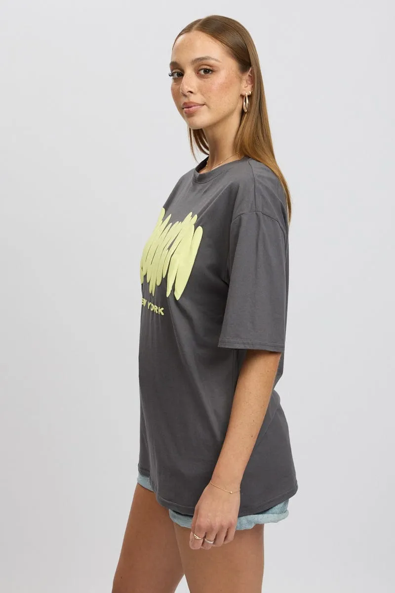 Grey Graphic Tee Short Sleeve Basic Top