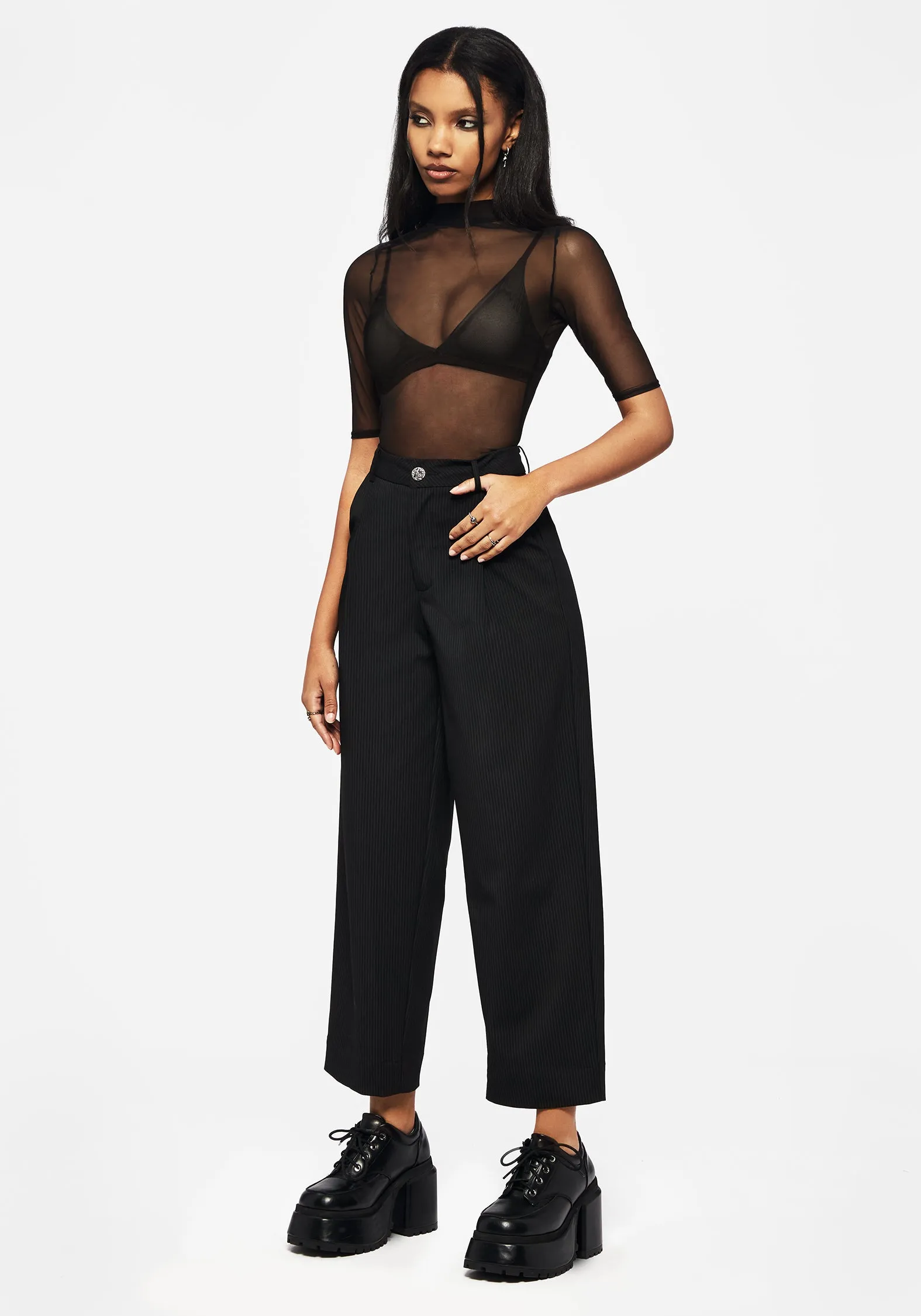 Zelda Pinstripe Tailored Balloon Trousers Comfortable Fit Look Non Binding Waist