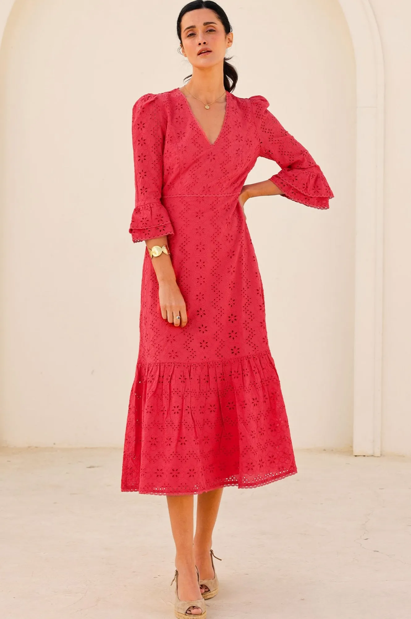 River Side Summer Picnic Victoria Cotton Broderie Dress | Red