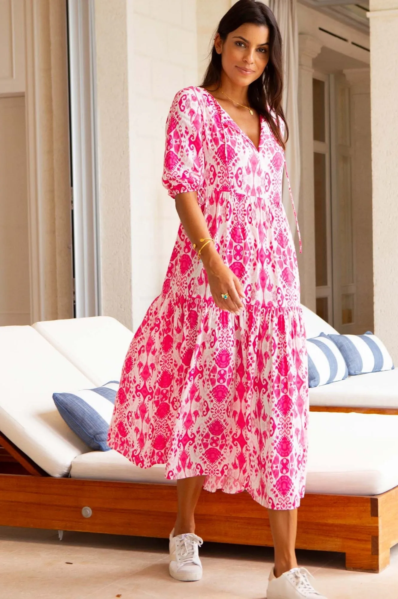 Wardrobe Staple Fun and flirty dress Virginia EcoVero? Midi Dress | Ikat Pink/White