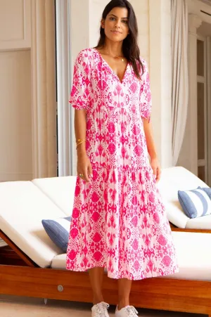 Virginia EcoVero? Midi Dress | Ikat Pink/White Versatile midi for travel Taxi Line