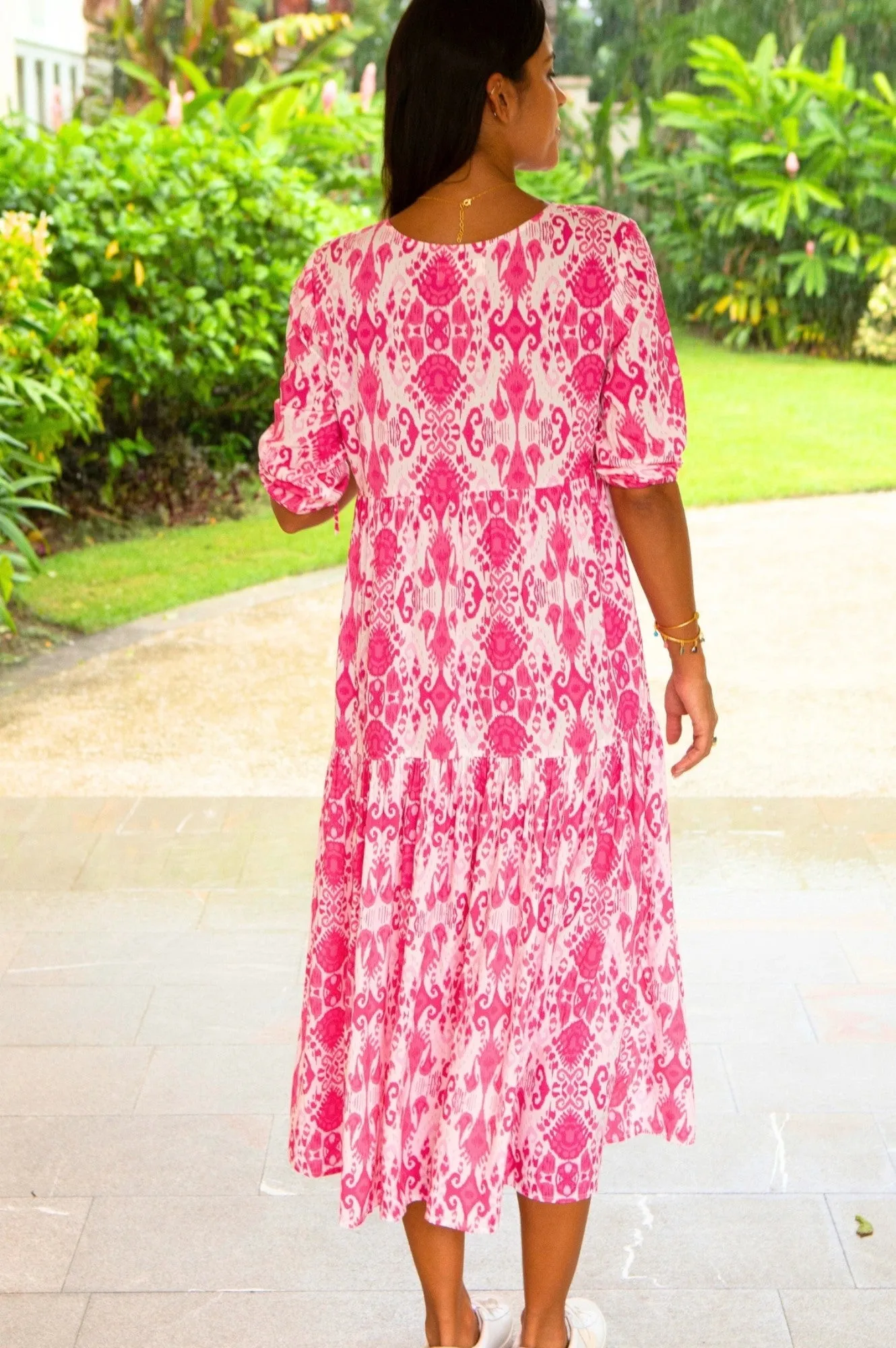 Virginia EcoVero? Midi Dress | Ikat Pink/White Timeless silhouette for all occasions Daily Glam