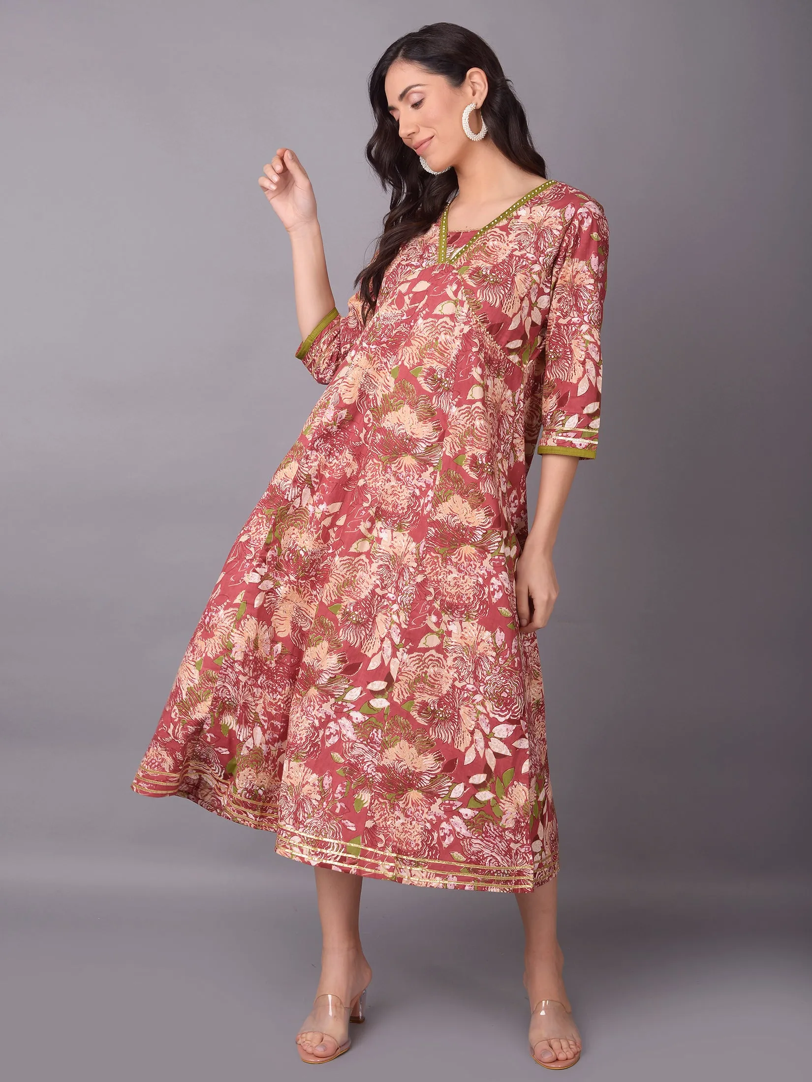 Women Dark Pink Floral Printed Dress Halo Glow