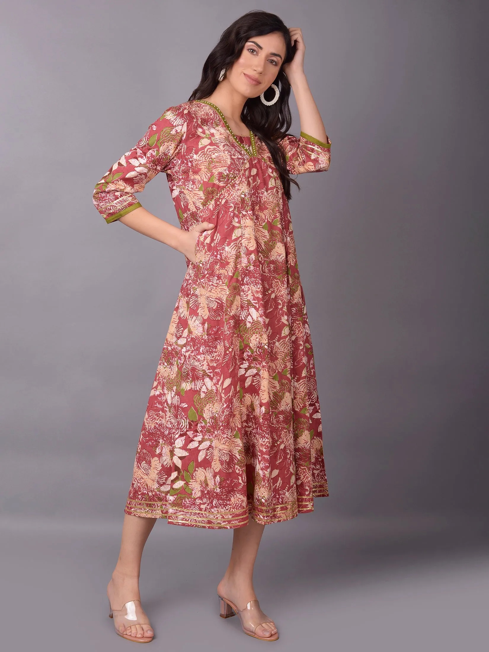 Women Dark Pink Floral Printed Dress QuickAccessPockets DoubleLayerReinforcement