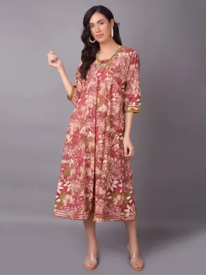 Women Dark Pink Floral Printed Dress HighElasticity Fiber