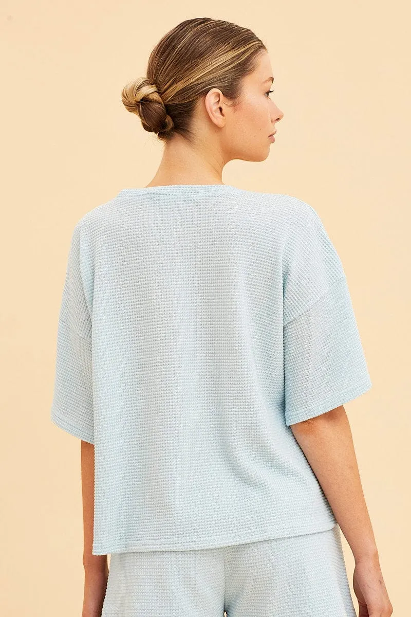 Blue Lounge T-Shirt Waffle Crew Neck Short Sleeve Brave Mode BreathableFabric