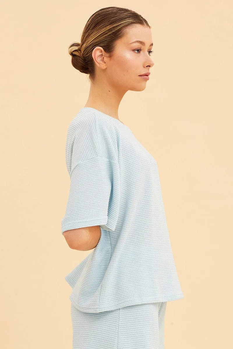 Comfortable Sweater Blue Lounge T-Shirt Waffle Crew Neck Short Sleeve