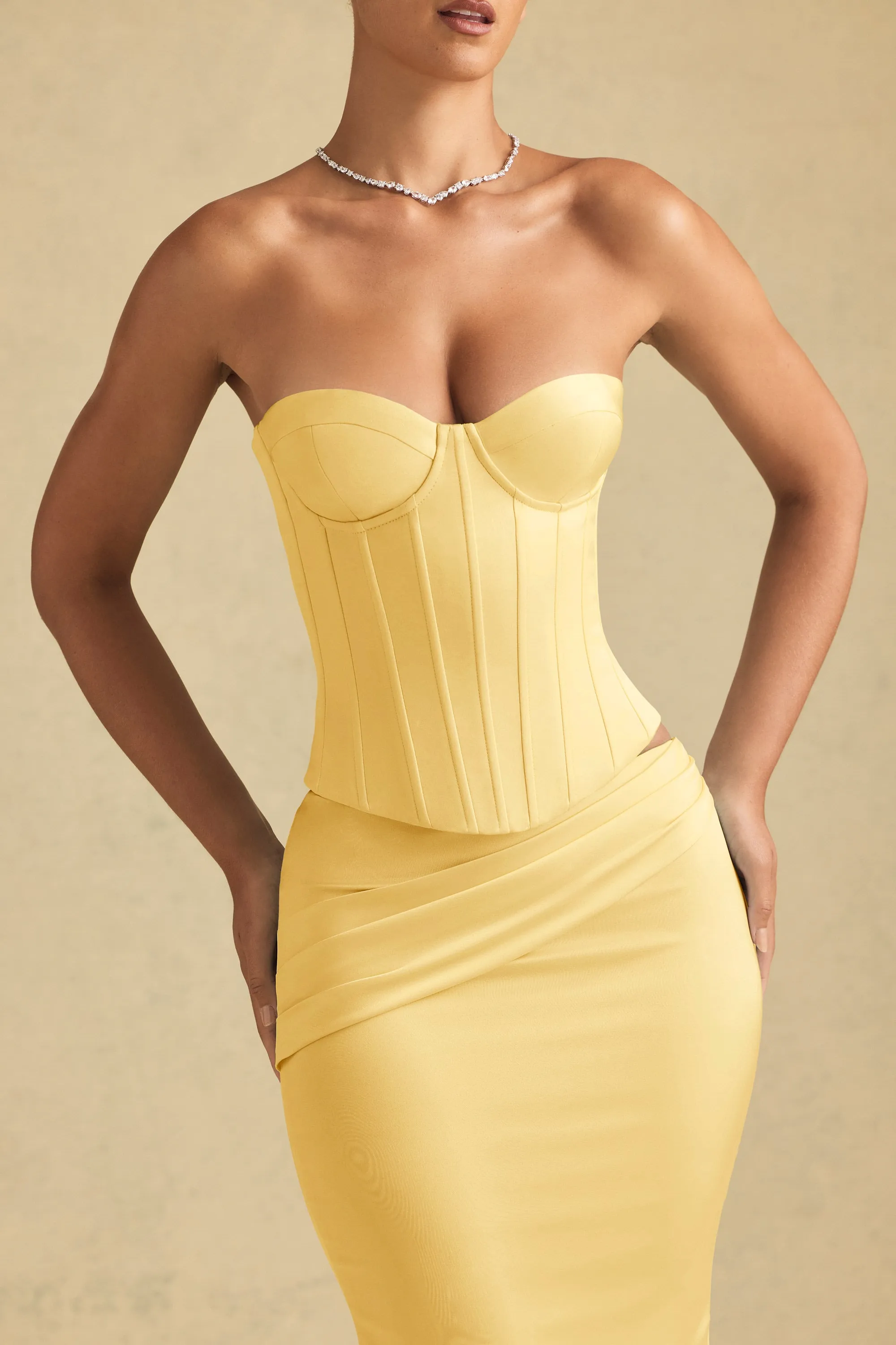 Full-Length Lace-Up Corset Top in Pastel Yellow FormFitting Cut Fashionable Vest