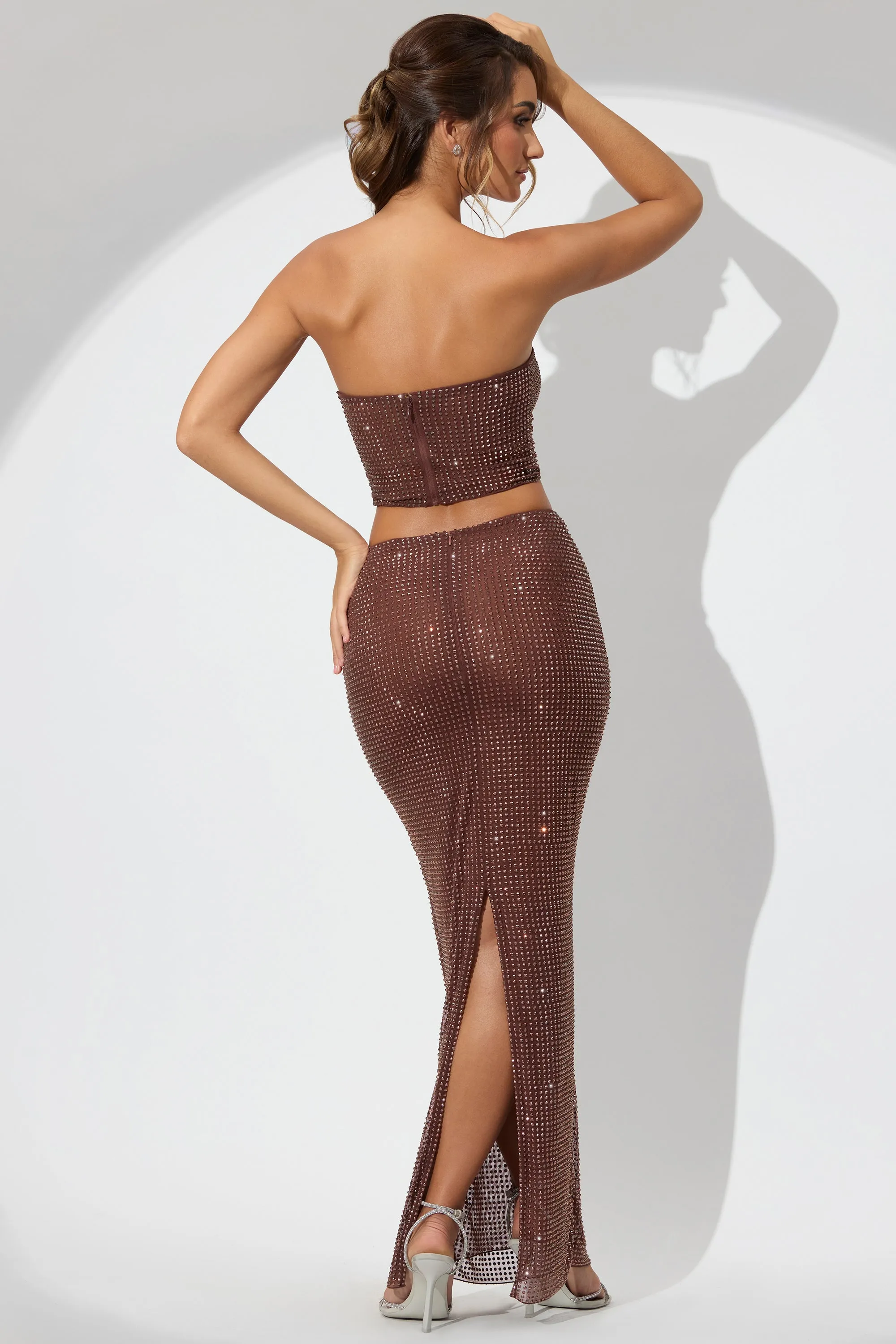 Embellished Mid Rise Maxi Skirt in Espresso Minimalist Style