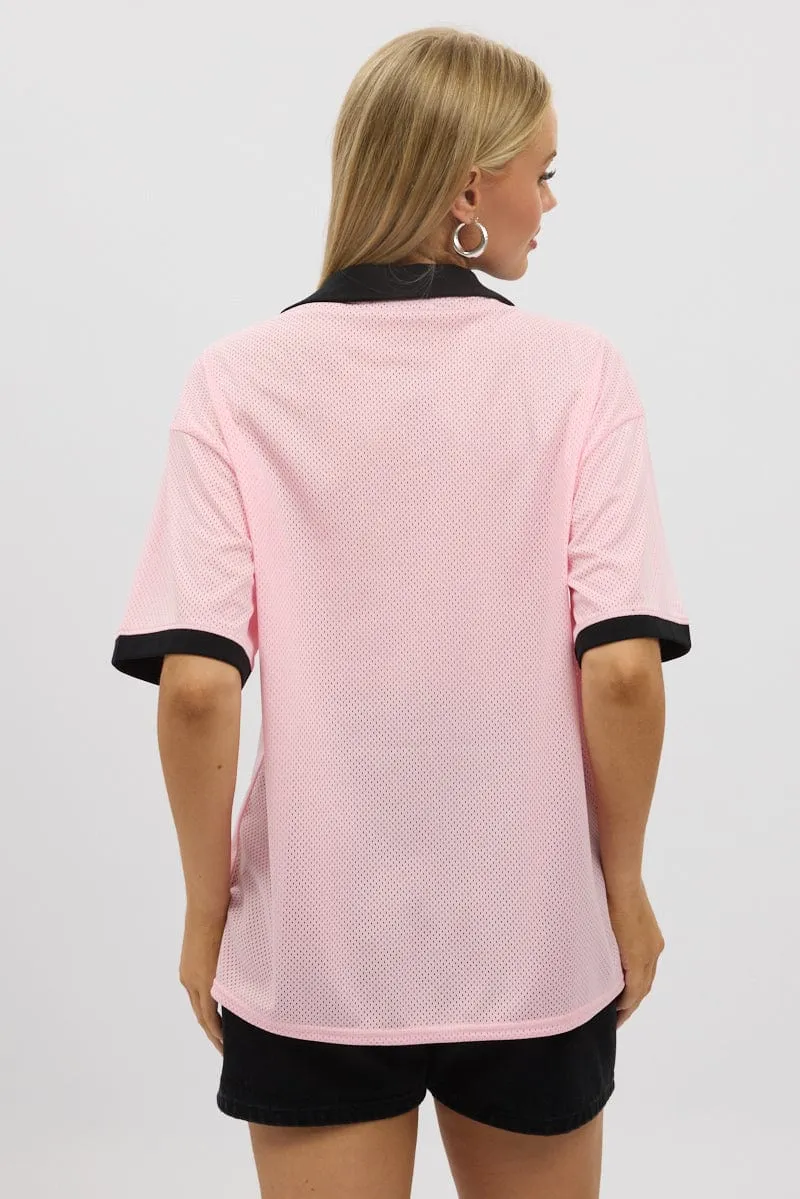 Breathable mesh Oeko Tex Certified Pink Sport Tee Collar Short Sleeve