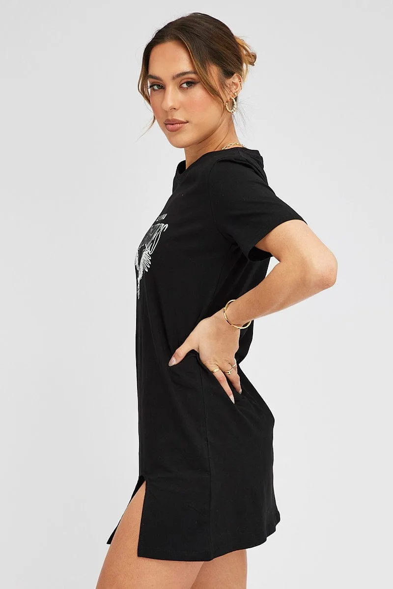 Black Graphic Dress Short Sleeve Trendy Boots