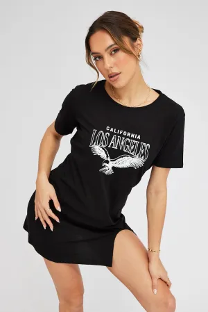 Black Graphic Dress Short Sleeve Mature Charm