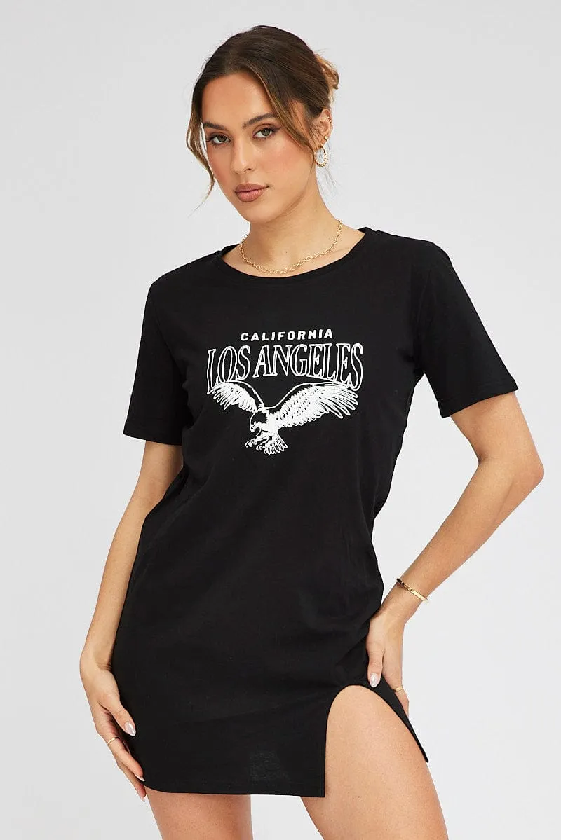 Easy Layer Black Graphic Dress Short Sleeve