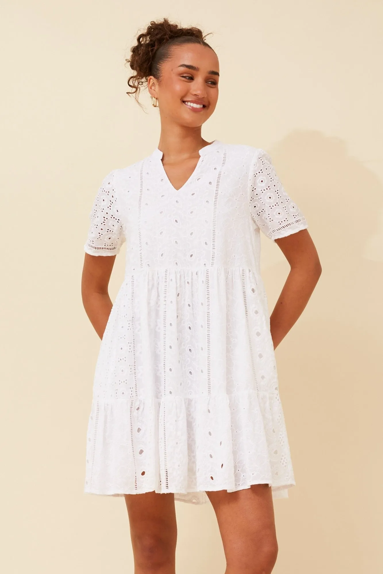 SAHANA BRODERIE ANGLAISE SHORT DRESS StaticFree Material Gloss Glow