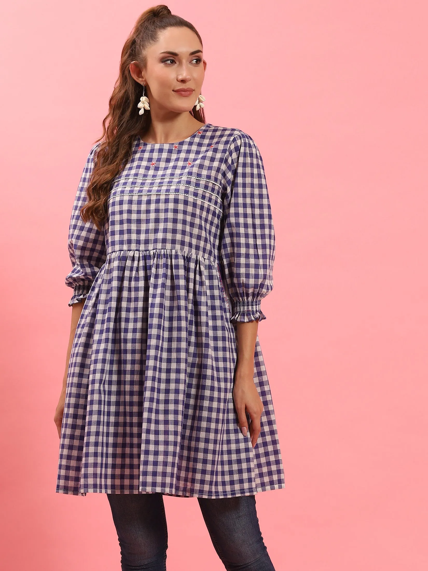 Relax Mode Transitional Clothing Women Blue Checked Short Dress