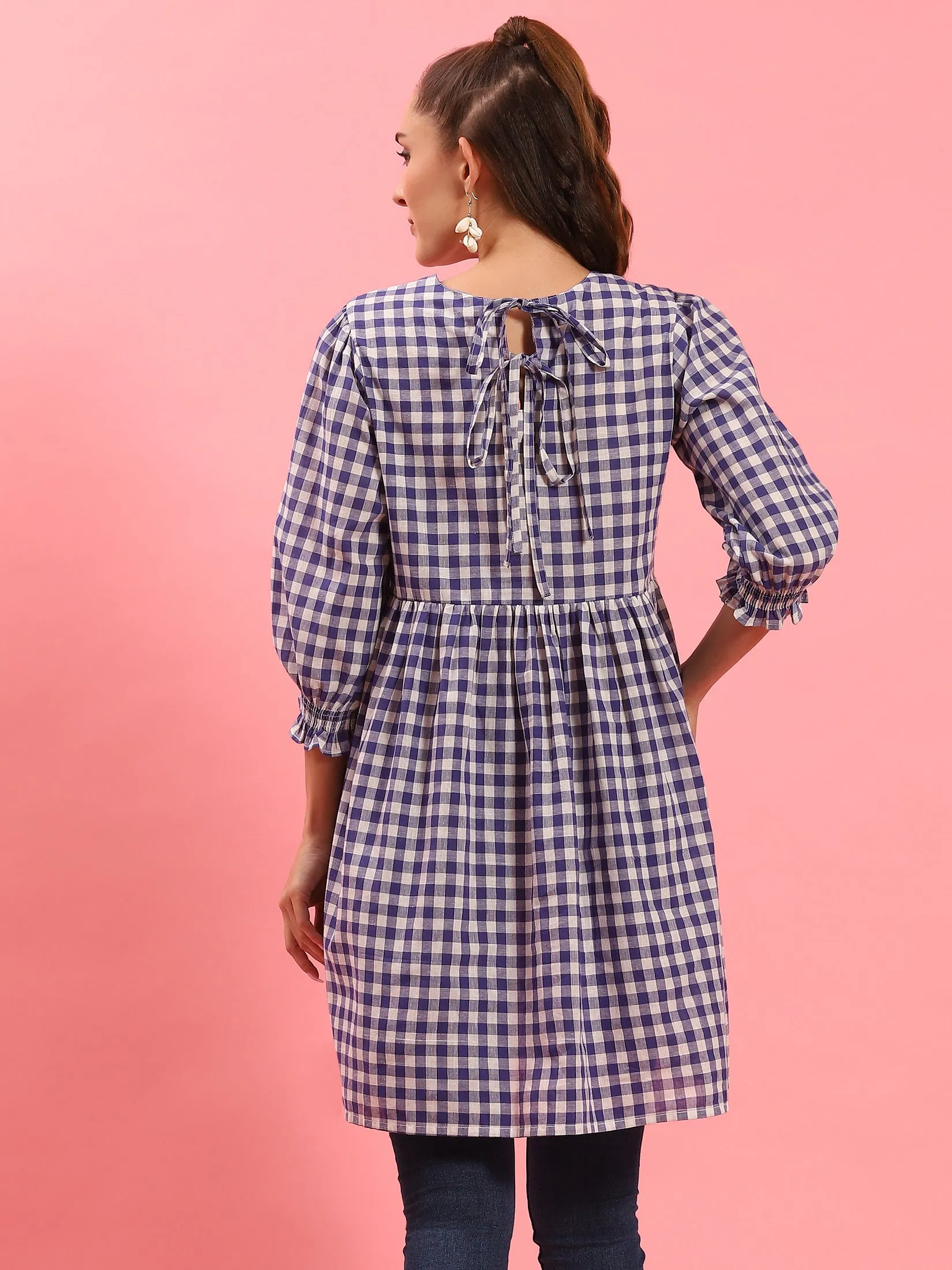 Women Blue Checked Short Dress Street Light Kind Soul