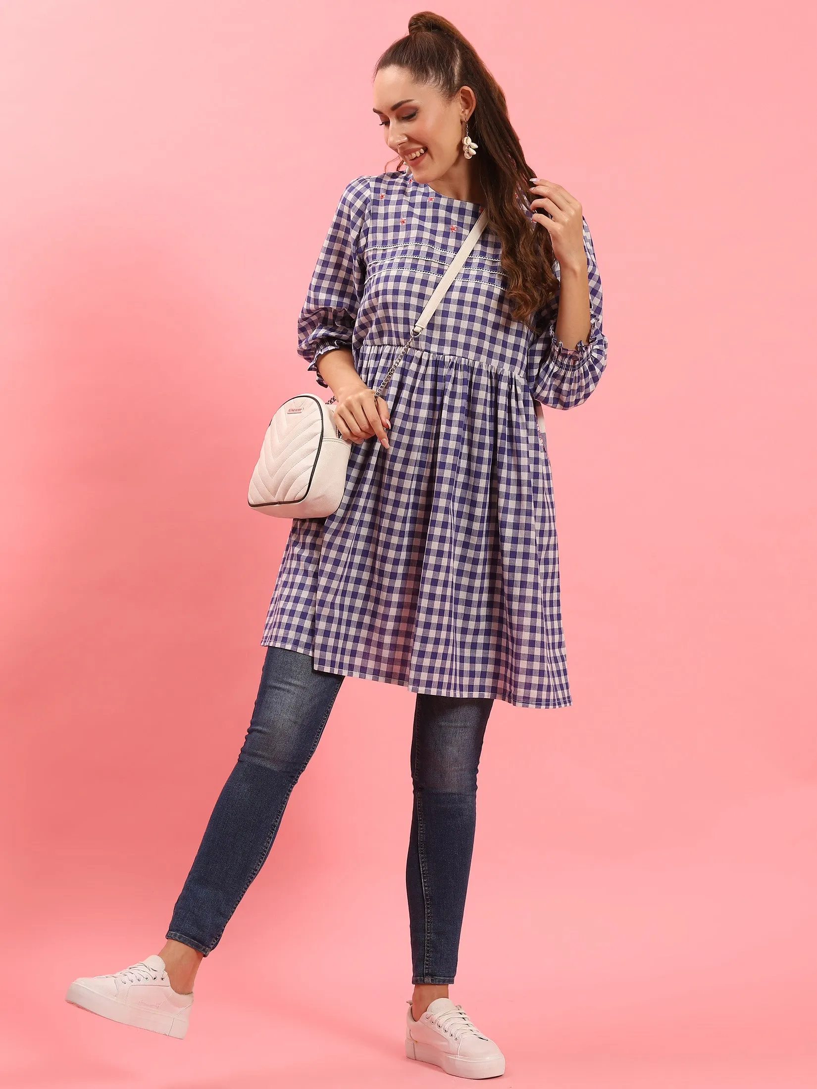 AntiStaticLining Women Blue Checked Short Dress