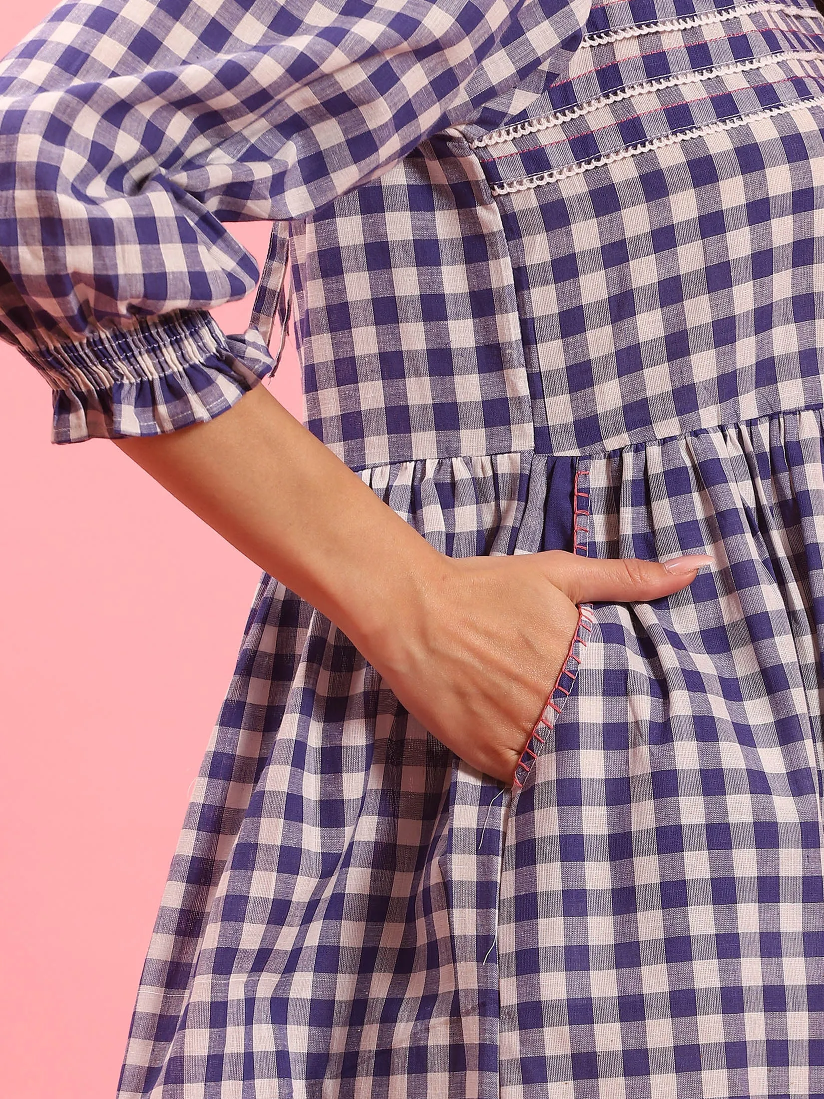 Women Blue Checked Short Dress Simple Fashion