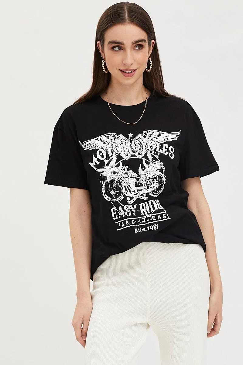 Simple Wear Elegant Detail Black Graphic T-Shirt Short Sleeve