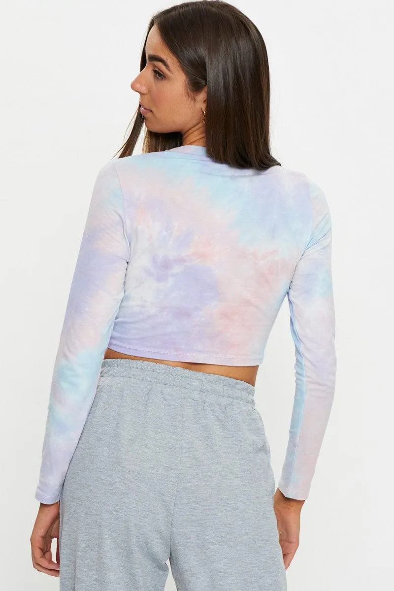 SeamlessConstruction Love Glow Multi Long Sleeve Tie Dye Jersey Knot Front T Shirt