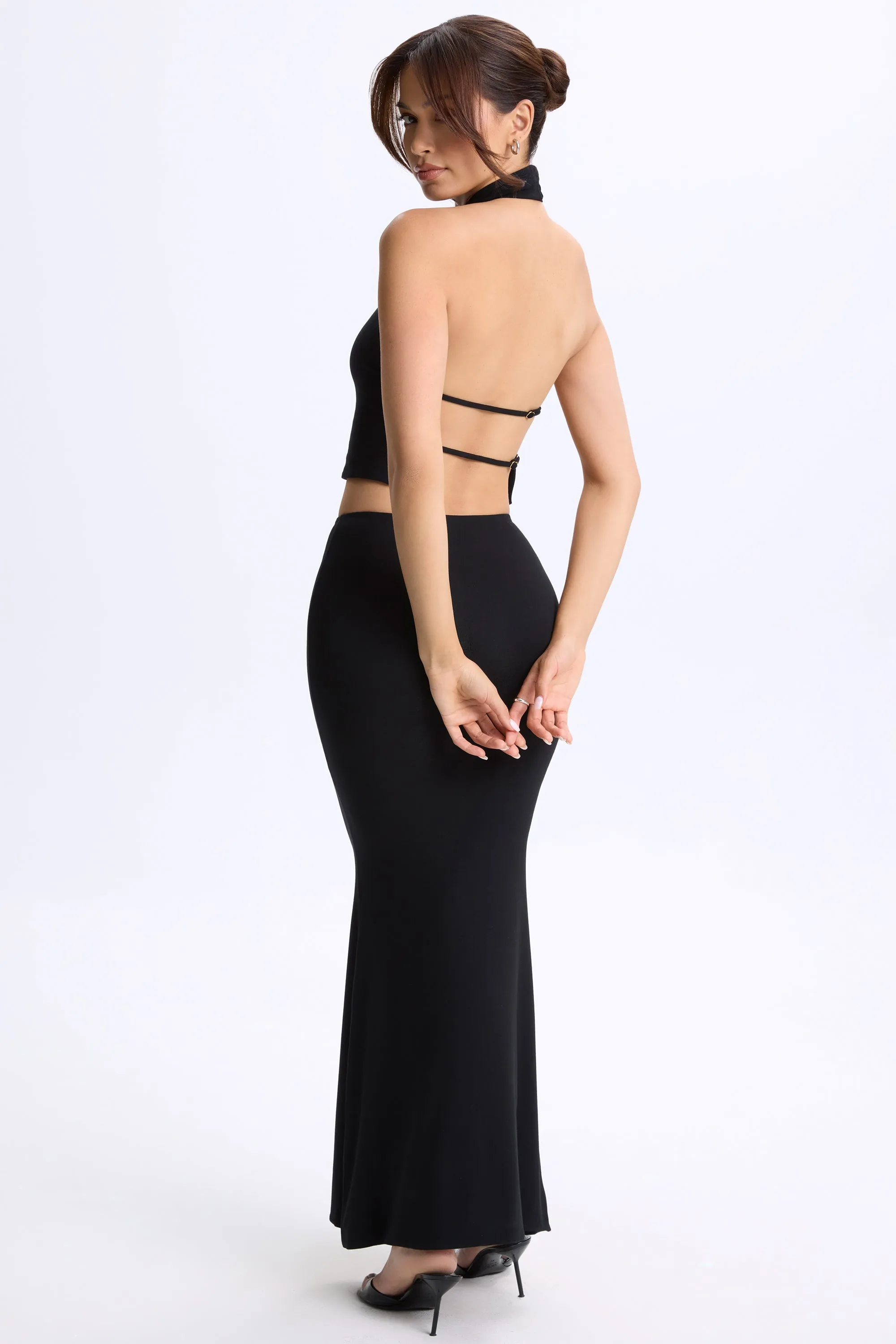 Weighted Hem Low-Rise Maxi Skirt in Black