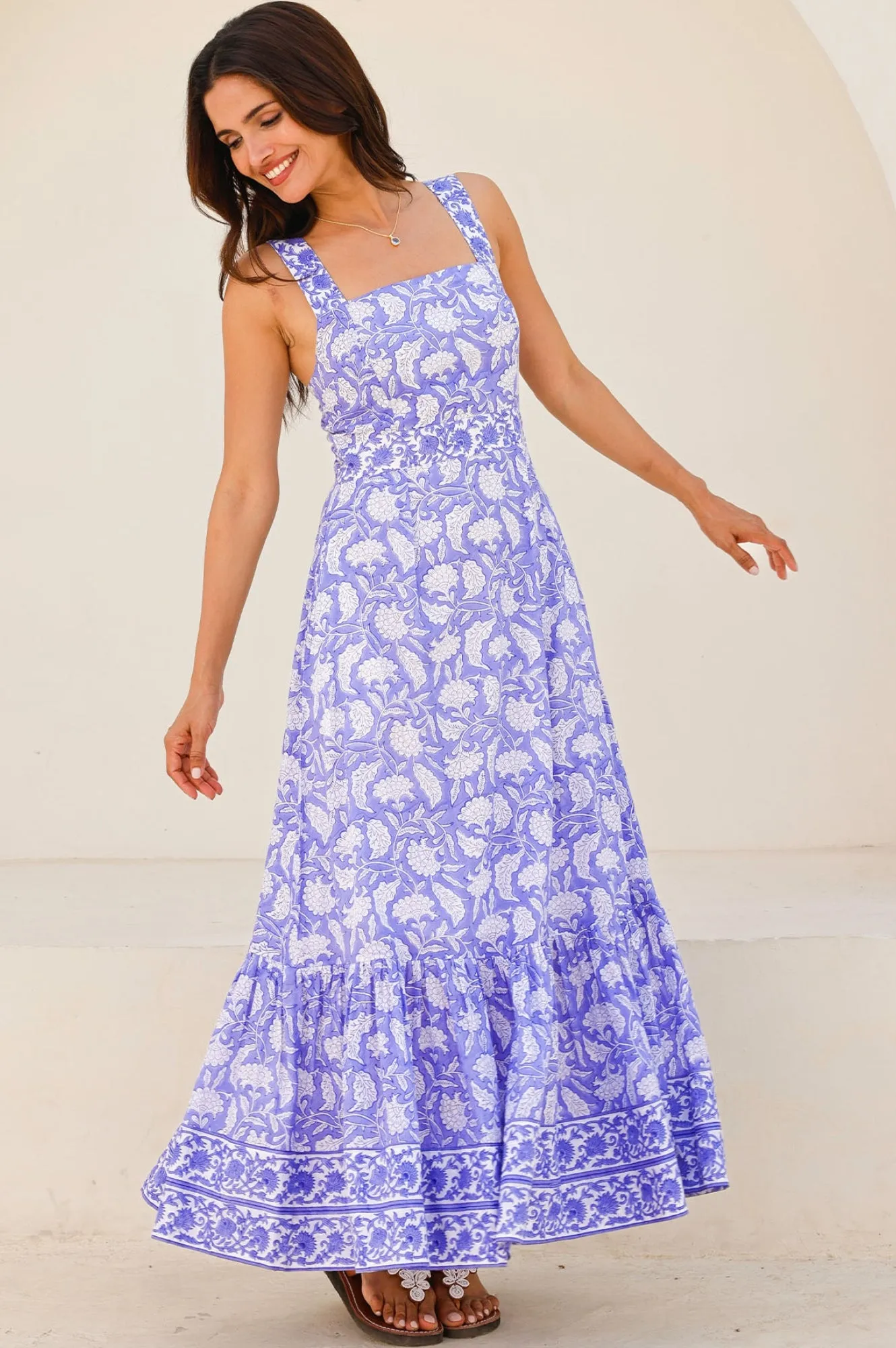 Day To Night Aurelia Organic Cotton Block Print Dress | Iris Blue/White