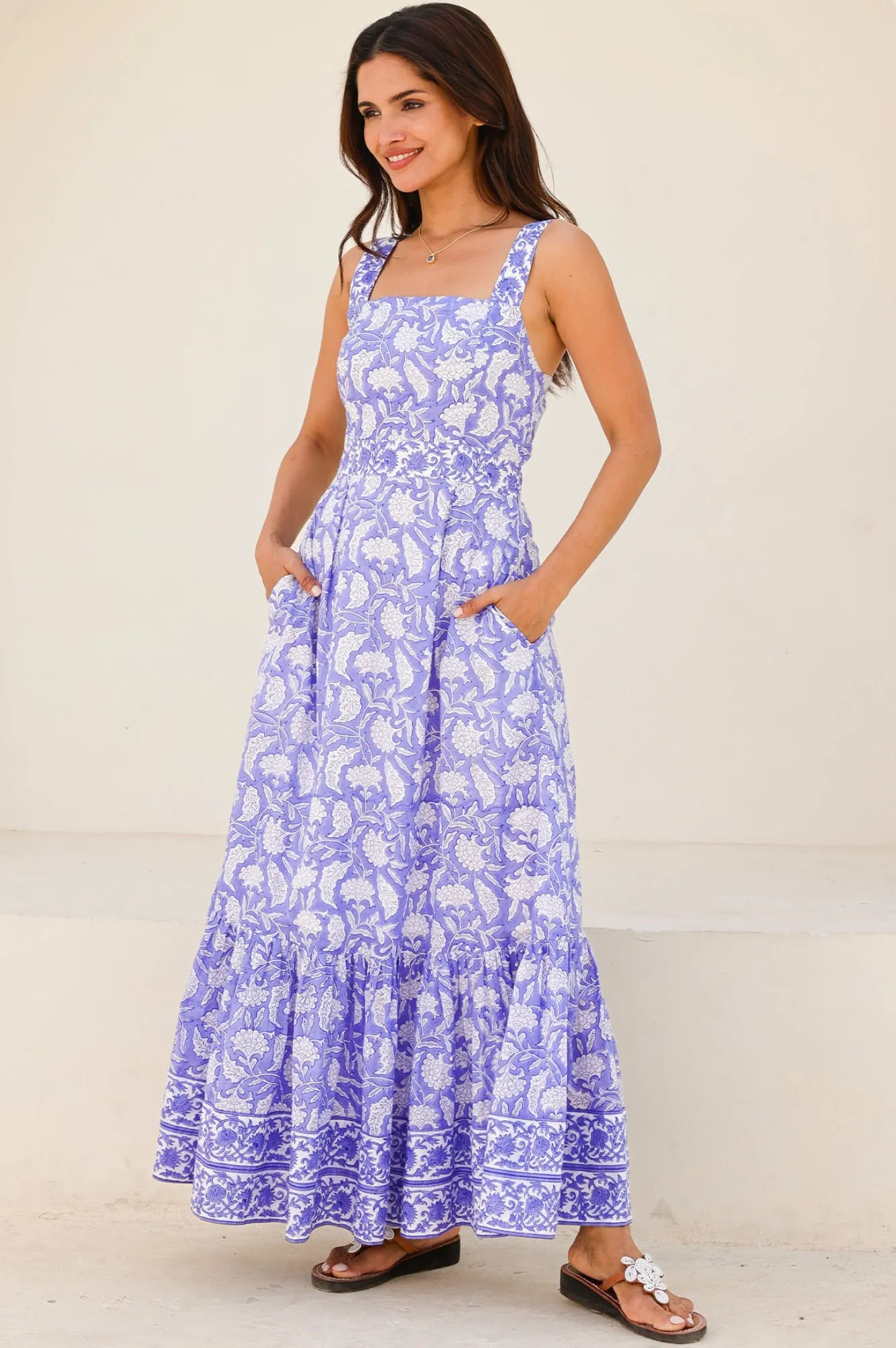 Aurelia Organic Cotton Block Print Dress | Iris Blue/White Court Yard Park Bench