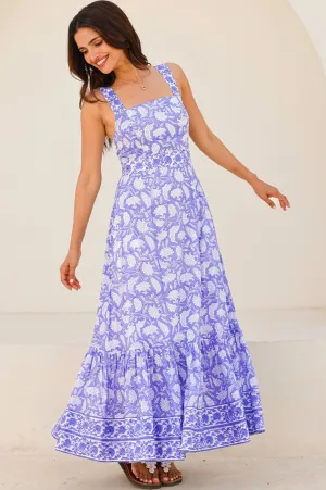 Day To Night Aurelia Organic Cotton Block Print Dress | Iris Blue/White