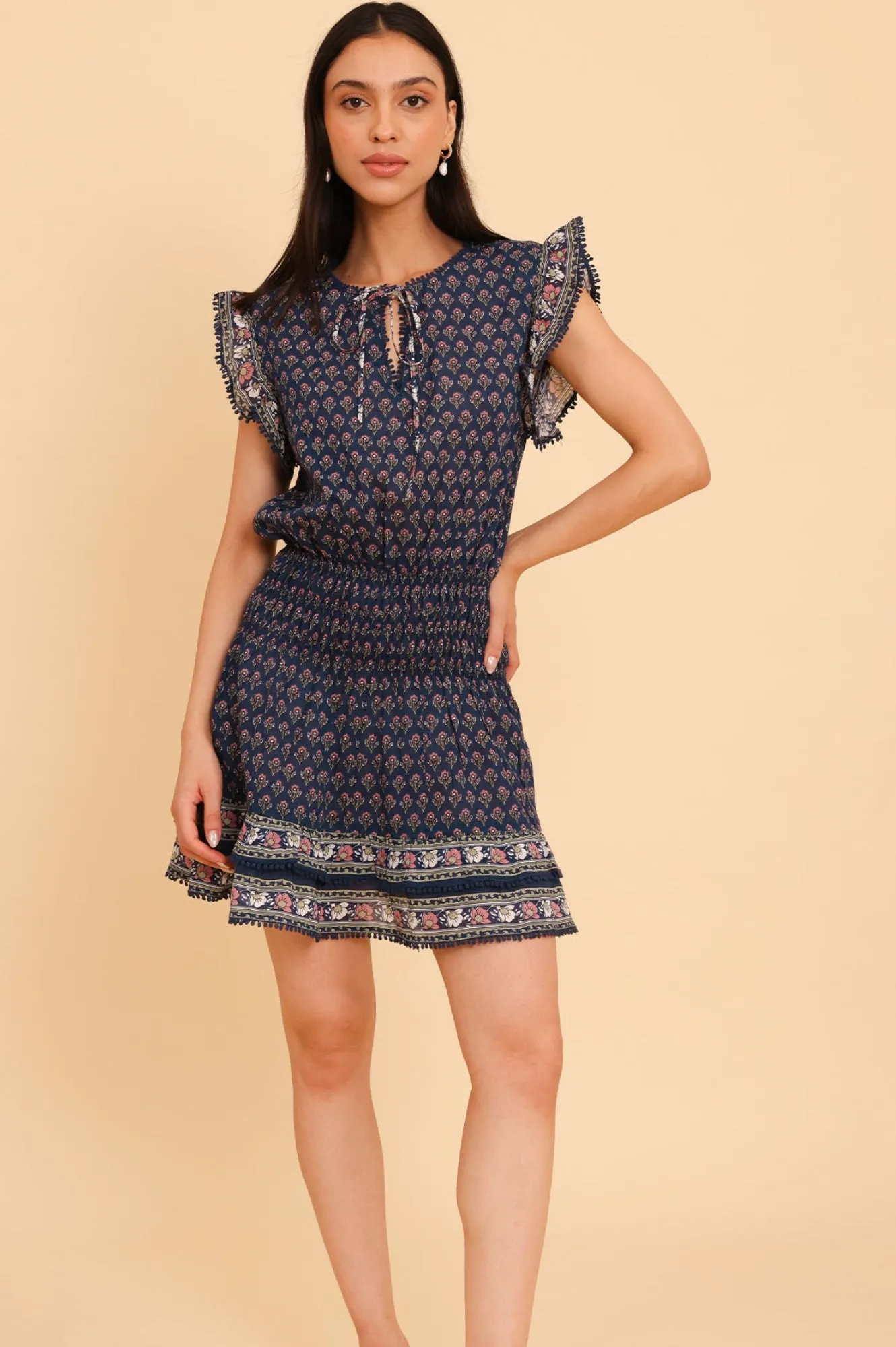 Macy Mini Organic Cotton Dress | Navy/Pink Boho chic