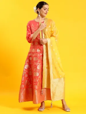 LightweightTextile VersatileCuff Women Pink Woven Print Dress With Dupatta