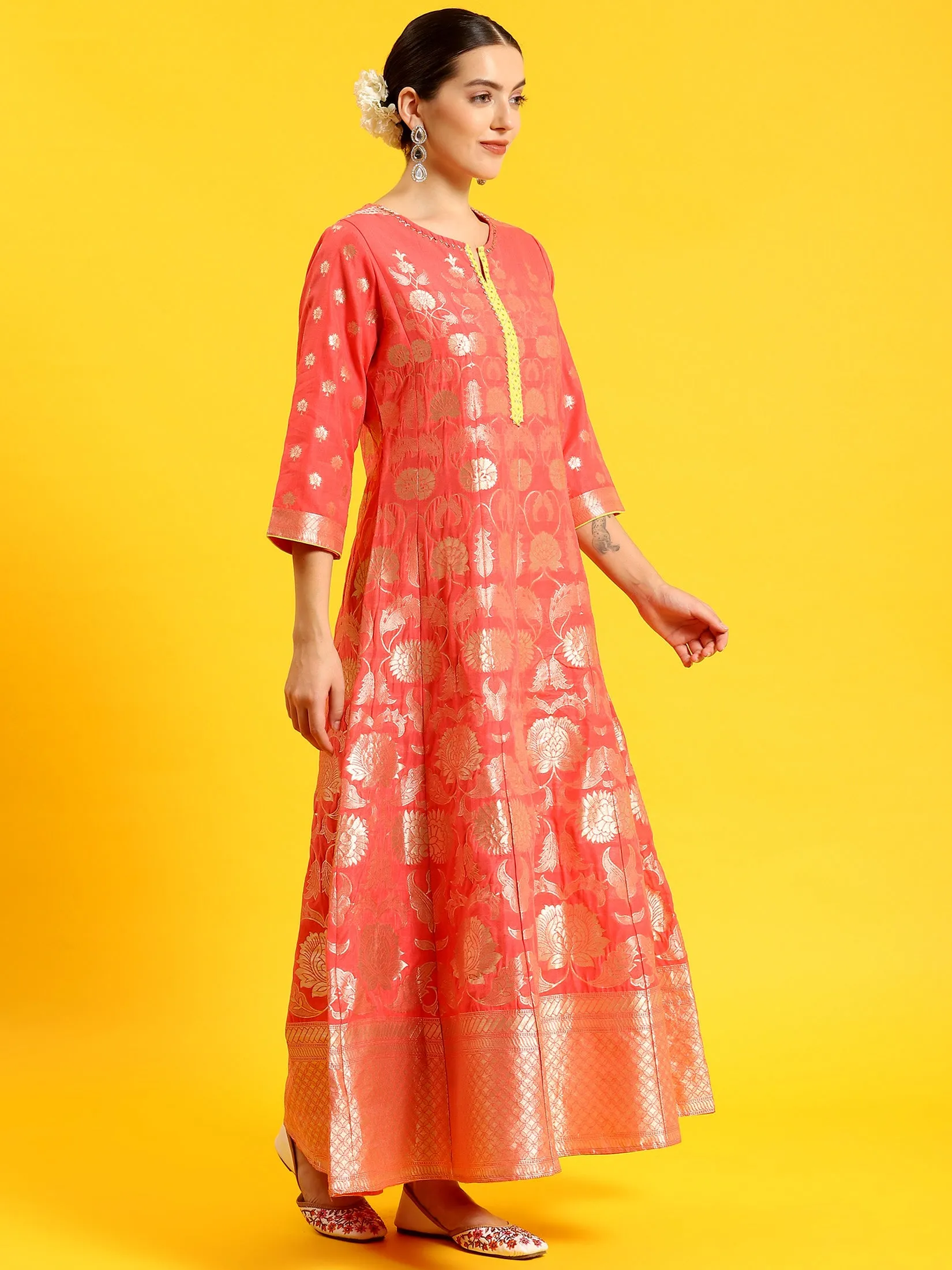 Women Pink Woven Print Dress With Dupatta Cozy Fashion
