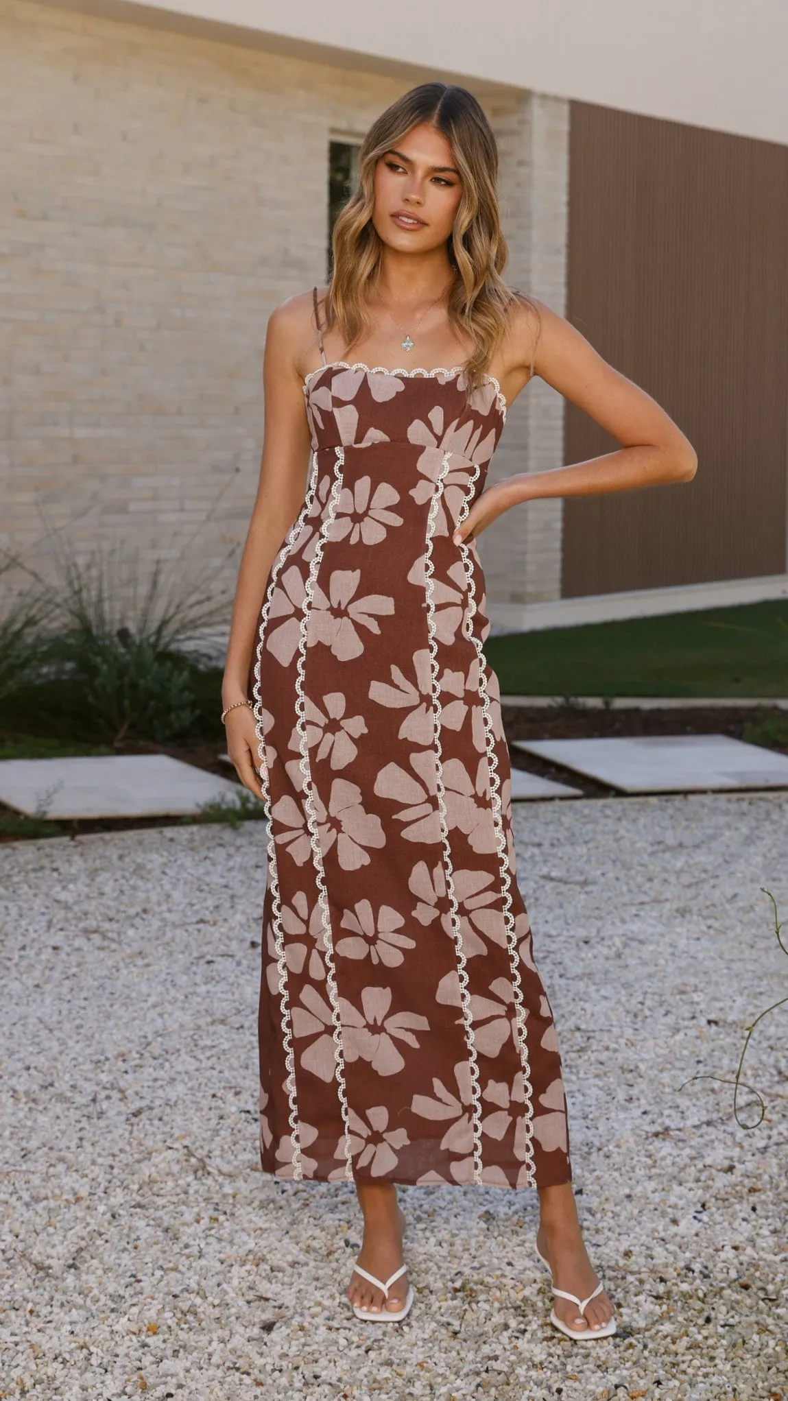 Bird Call Timeless silhouette for all occasions Carlia Midi Dress - Brown Daylillies