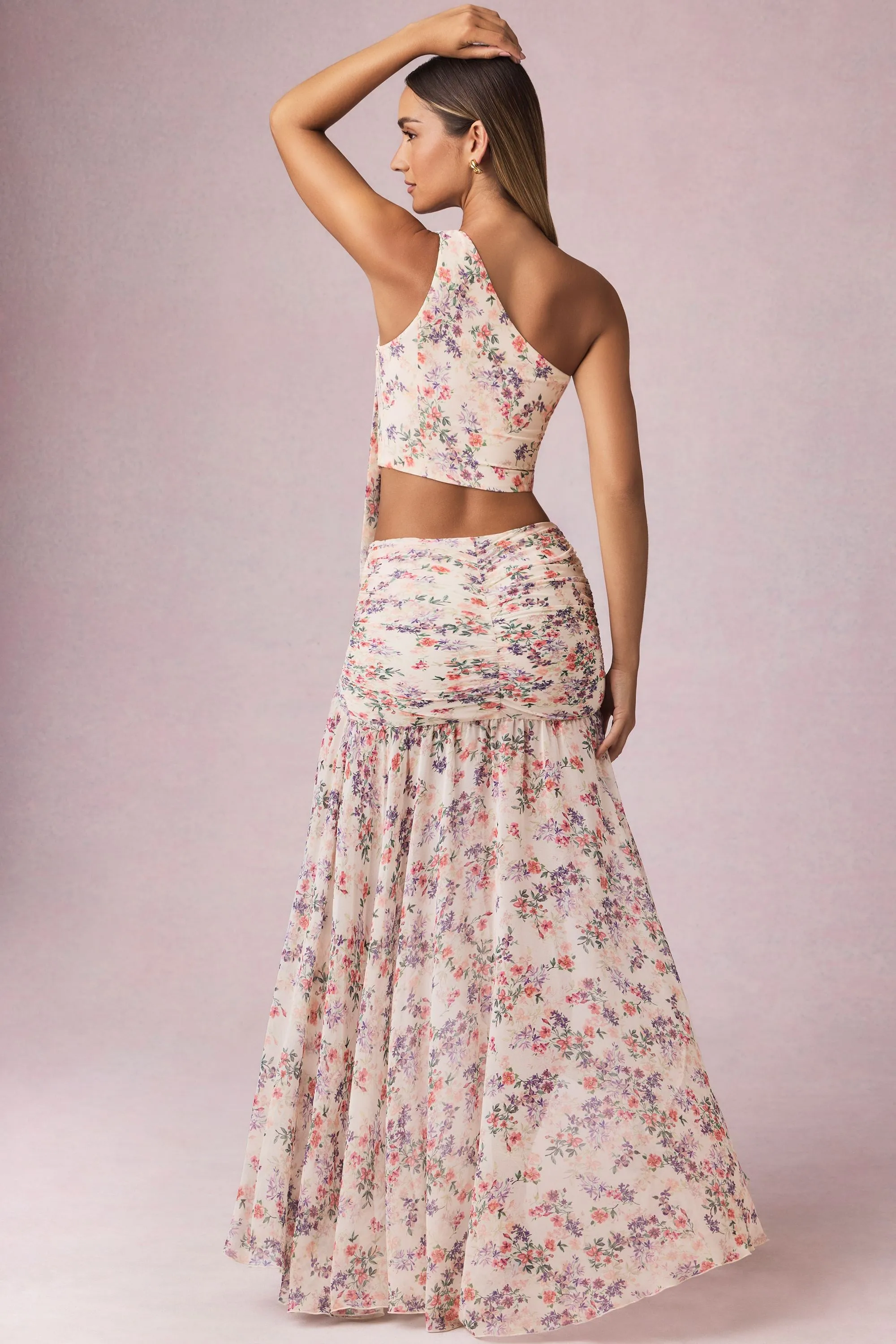 Tassel accents flared silhouette Asymmetric Ruched Maxi Skirt in Primrose Floral Print