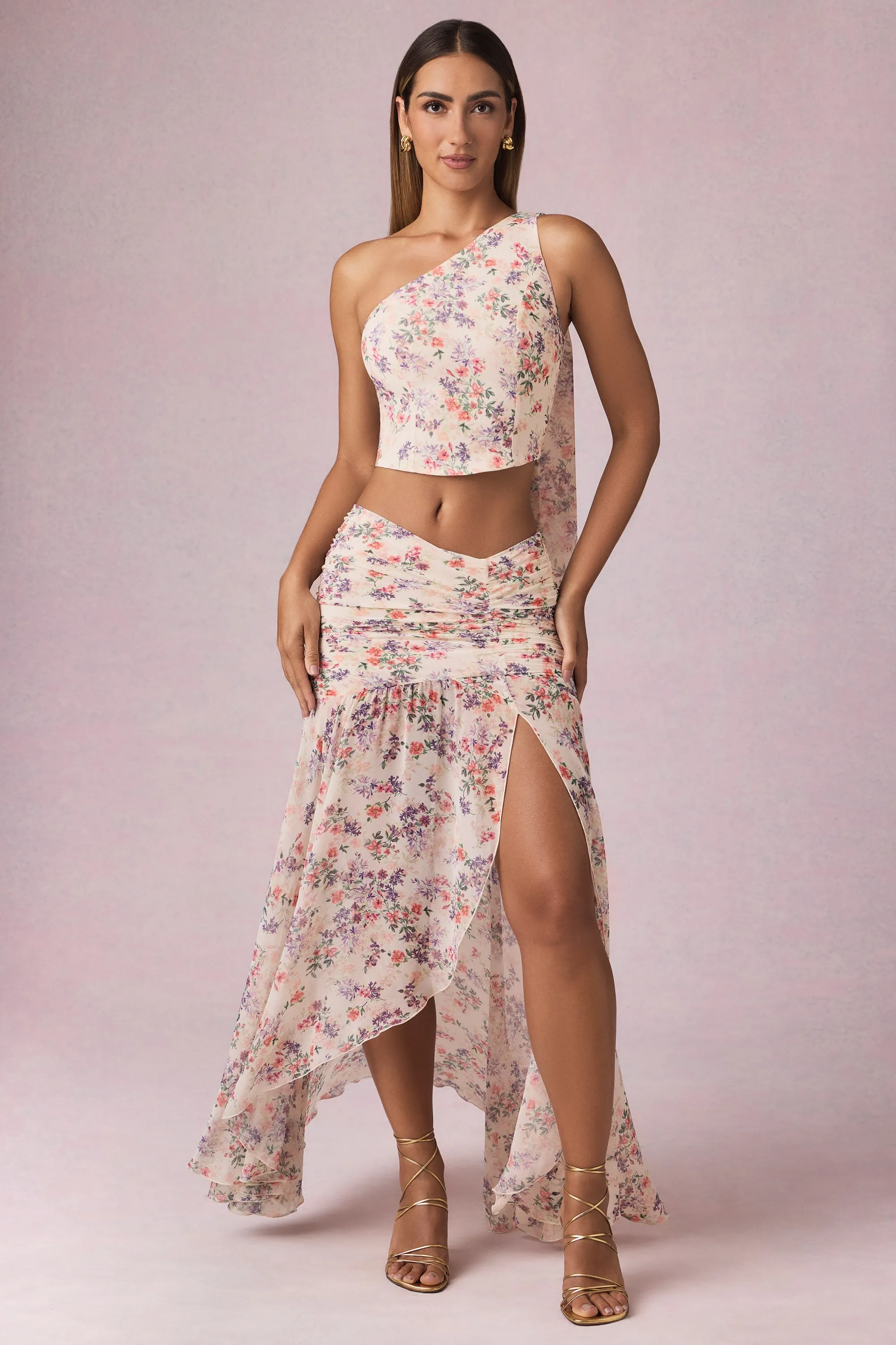 Asymmetric Ruched Maxi Skirt in Primrose Floral Print Comfort Innovation