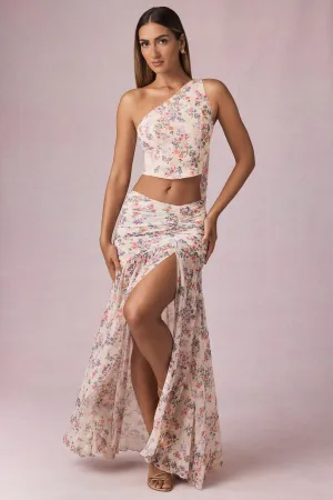 Asymmetric Ruched Maxi Skirt in Primrose Floral Print Soft Styling smooth zipper