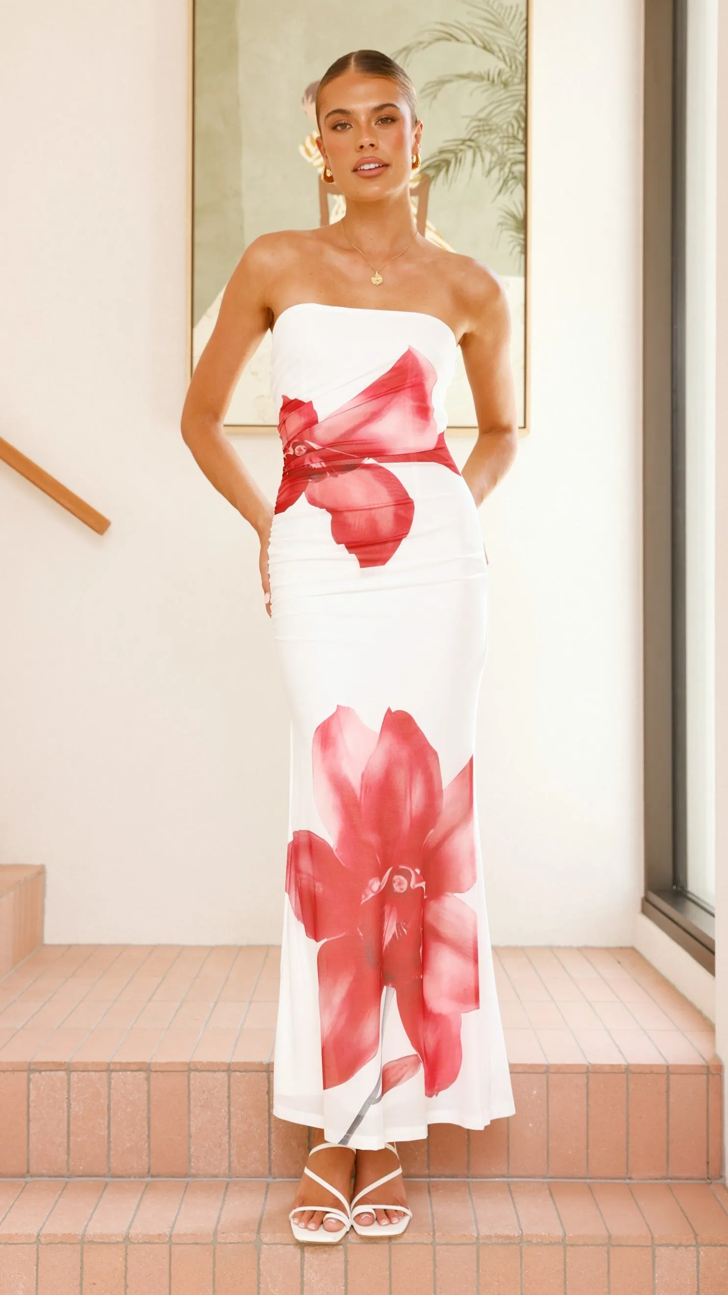 Brittani Strapless Maxi Dress - White/Red This dress creates a flattering silhouette while remaining breathable and comfortable Opal Shine