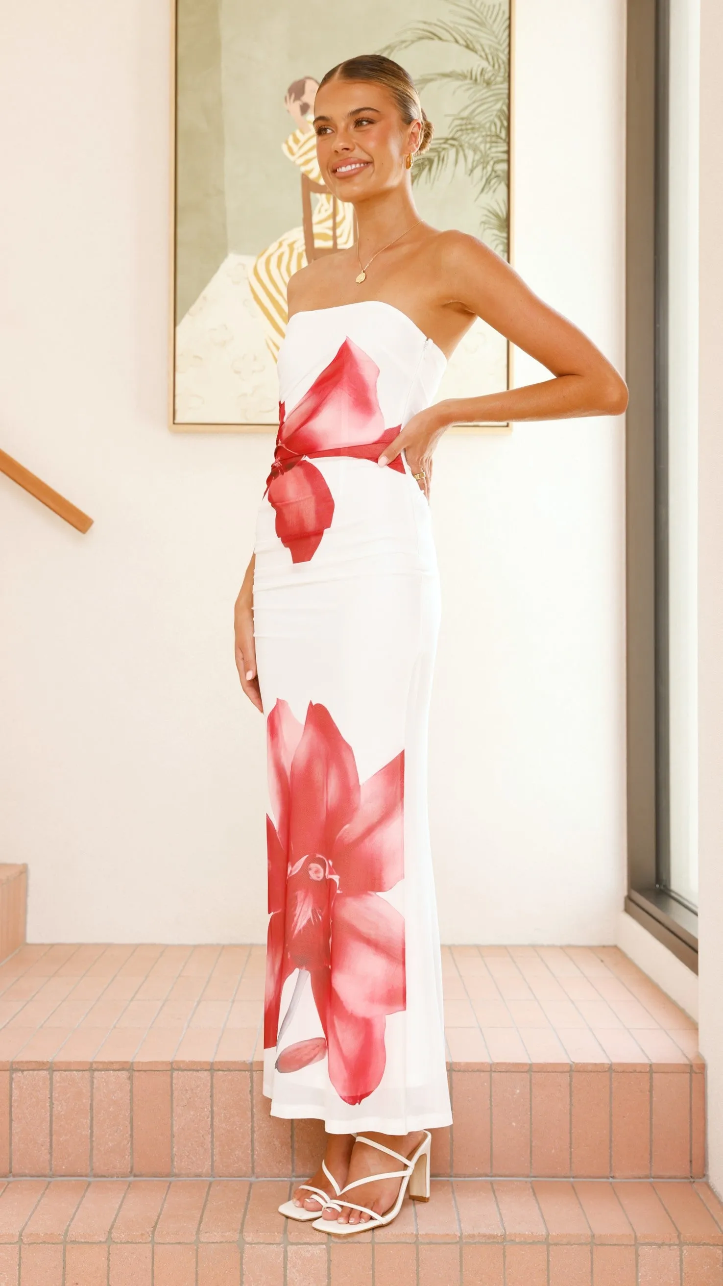 Comfortable event wear Brittani Strapless Maxi Dress - White/Red