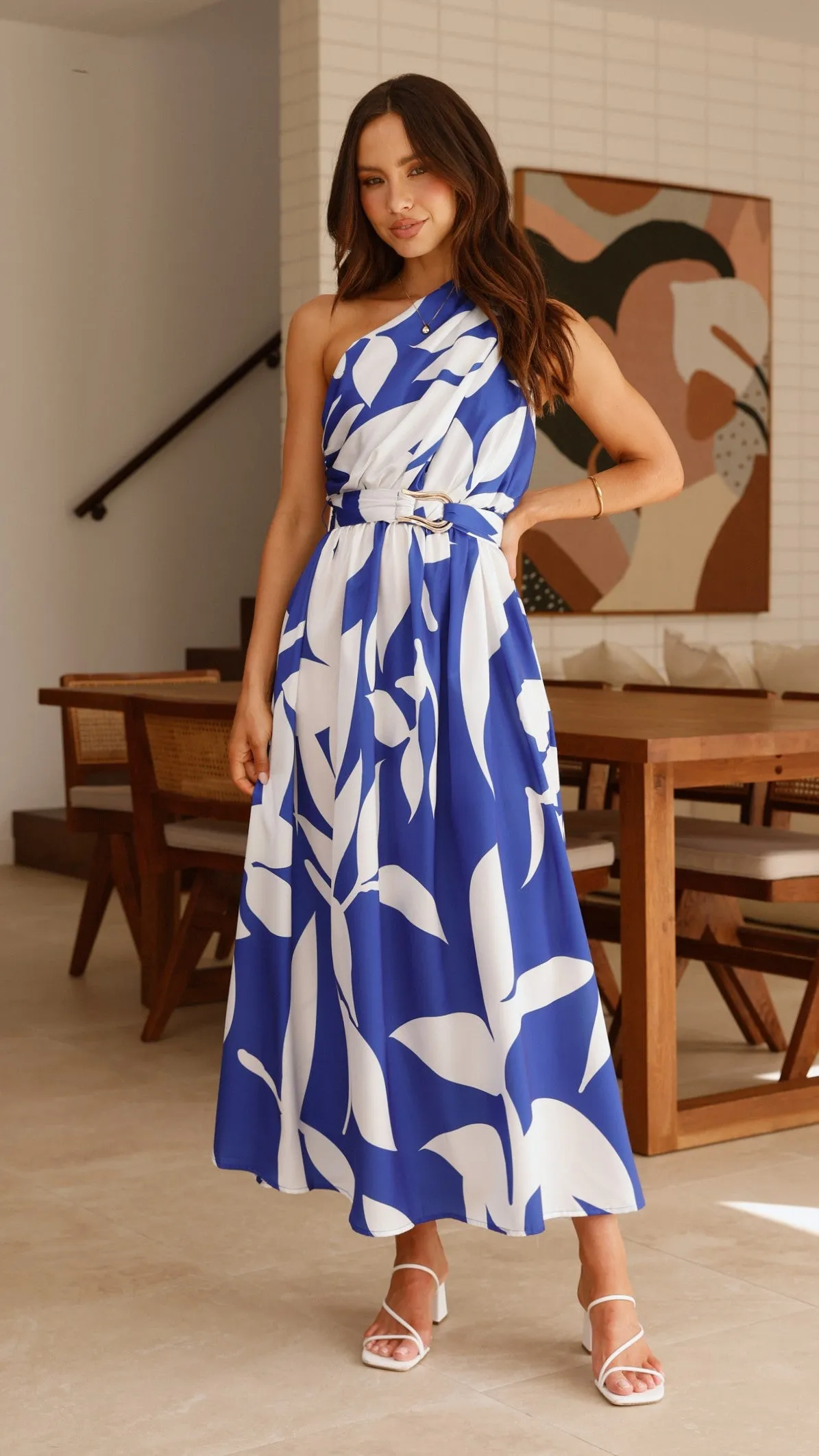 Elegant dress for brunch Hadas Maxi Dress - Cobalt/White Print
