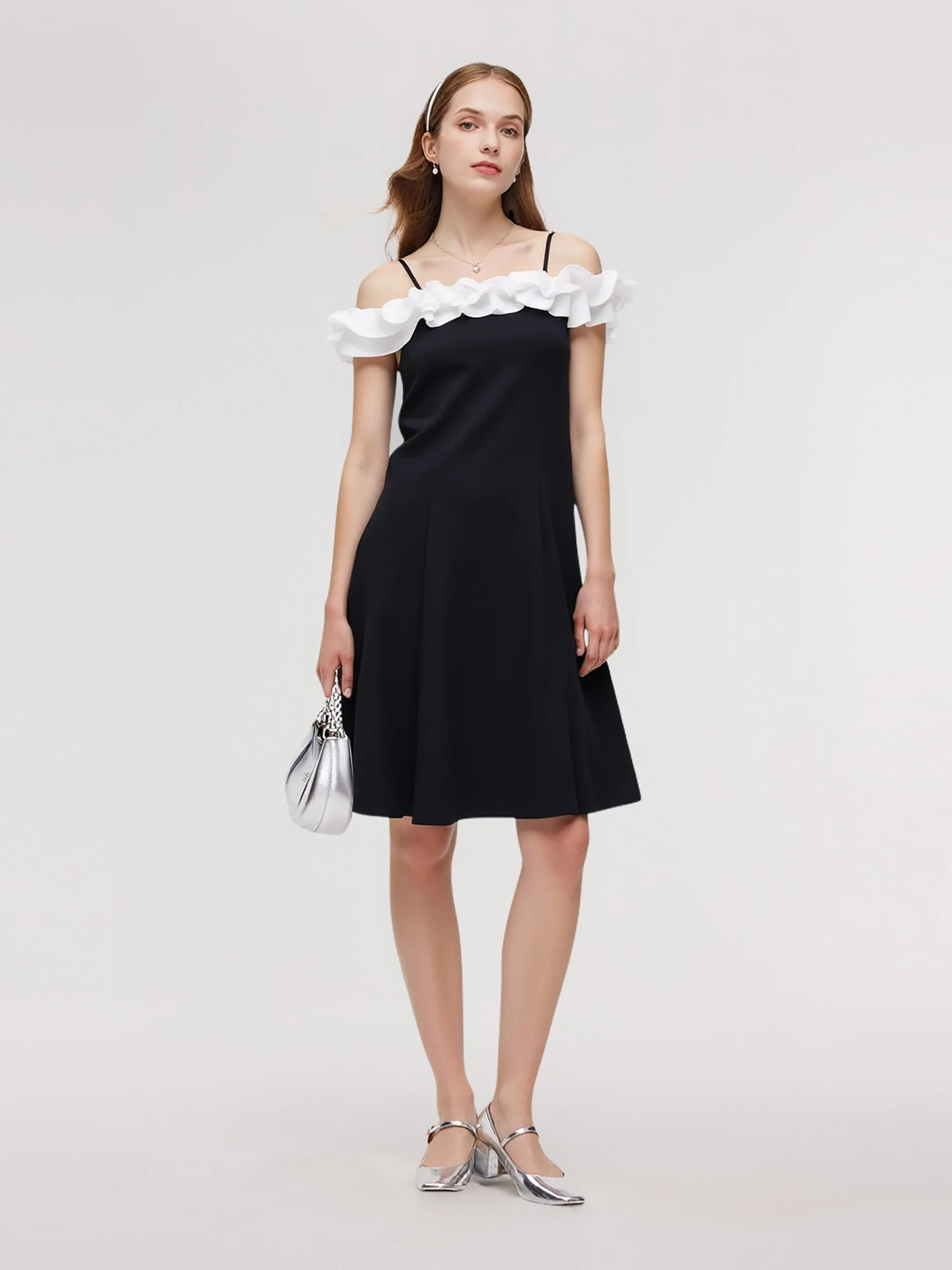 Urban Star Street Glam Color Block Ruffle Women Knit Mini Dress With Detachable Straps