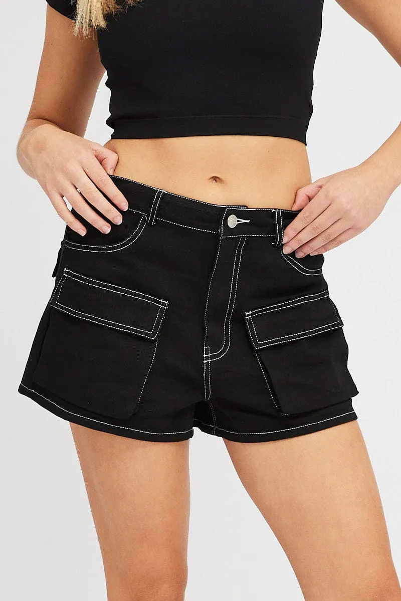 warm weather Effortless Style Black Cargo Shorts Contrast Stitching
