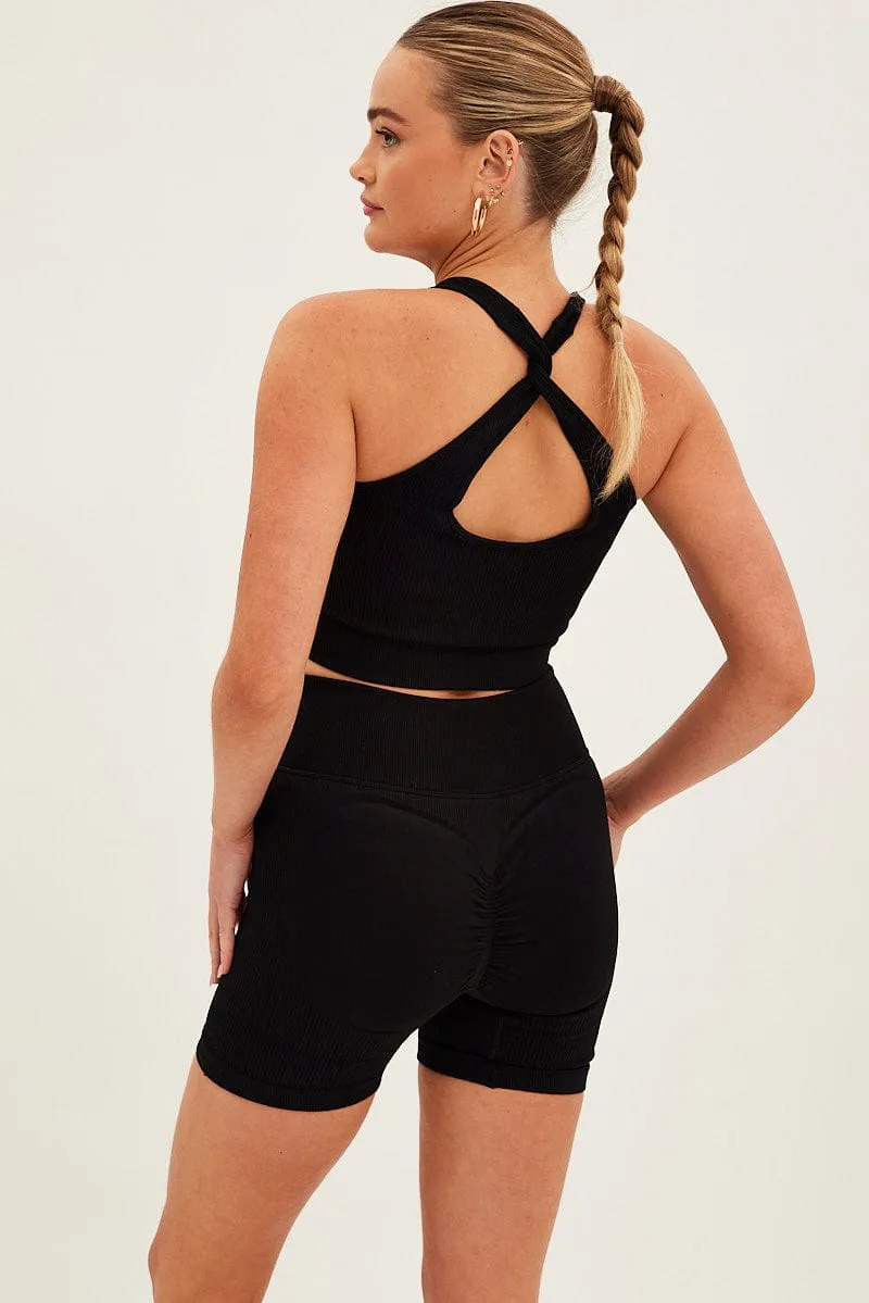 Workwear Black Seamless Halter Top And Bike Shorts Activewear Set