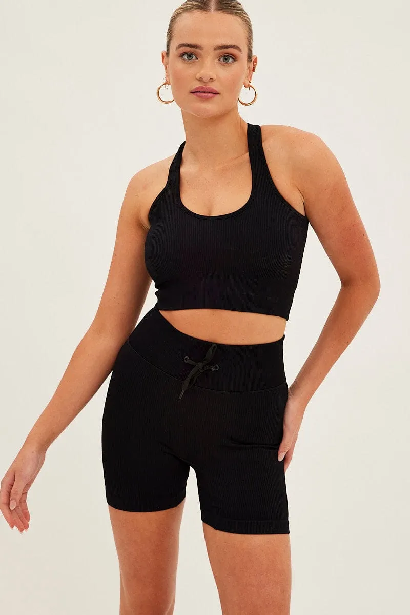Tagless Labeling Sun Ready Black Seamless Halter Top And Bike Shorts Activewear Set
