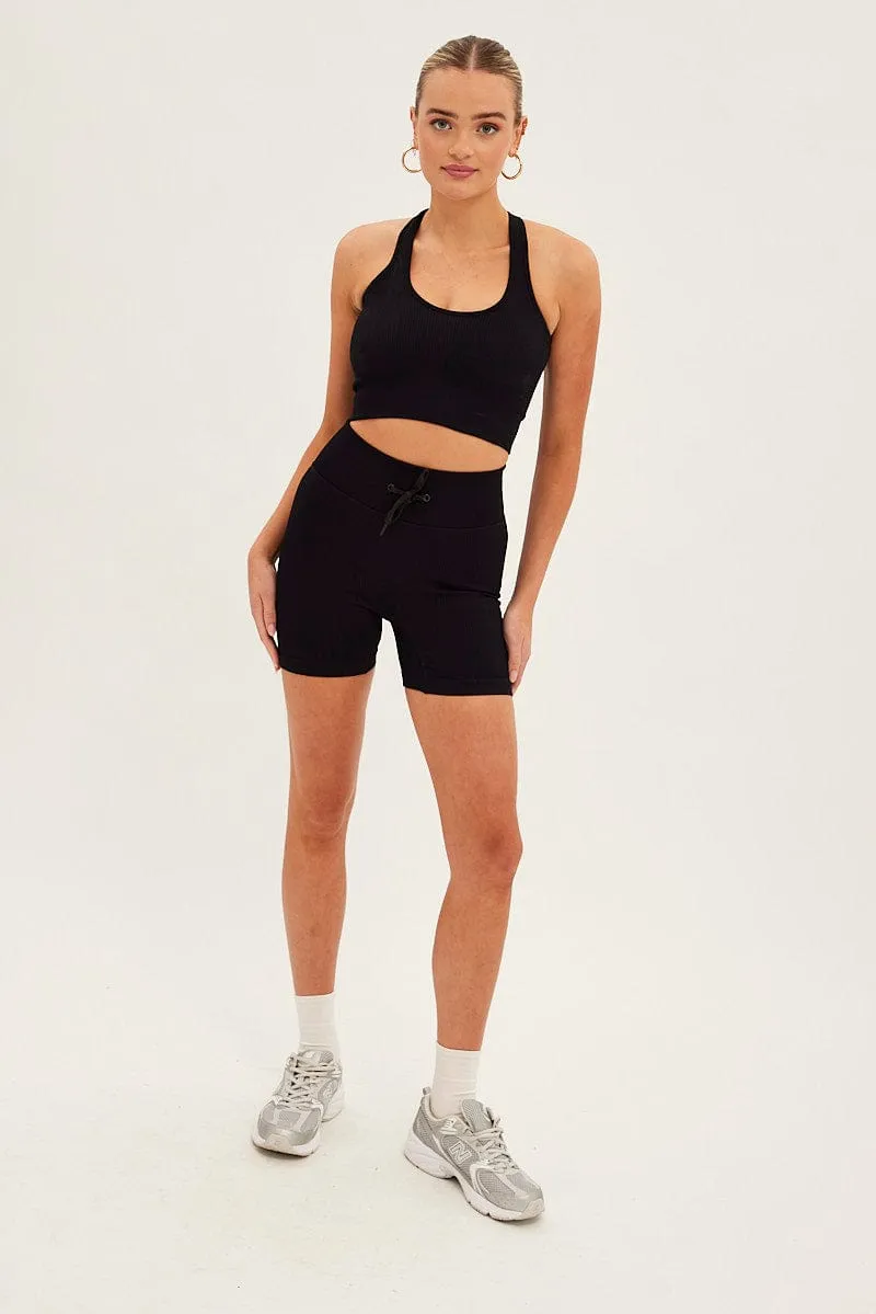 sports accessory Laser Cut Edges Black Seamless Halter Top And Bike Shorts Activewear Set