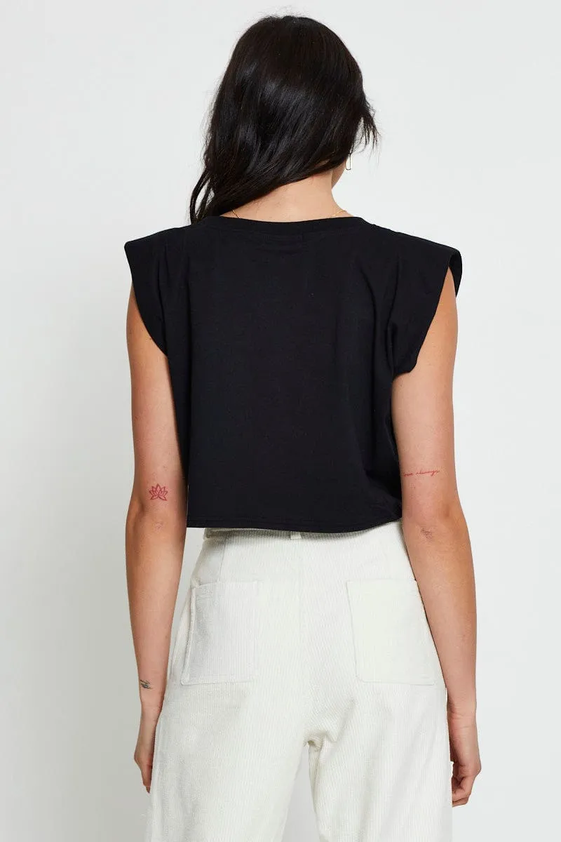 Black Crop T-Shirt Short Sleeve Student Cool