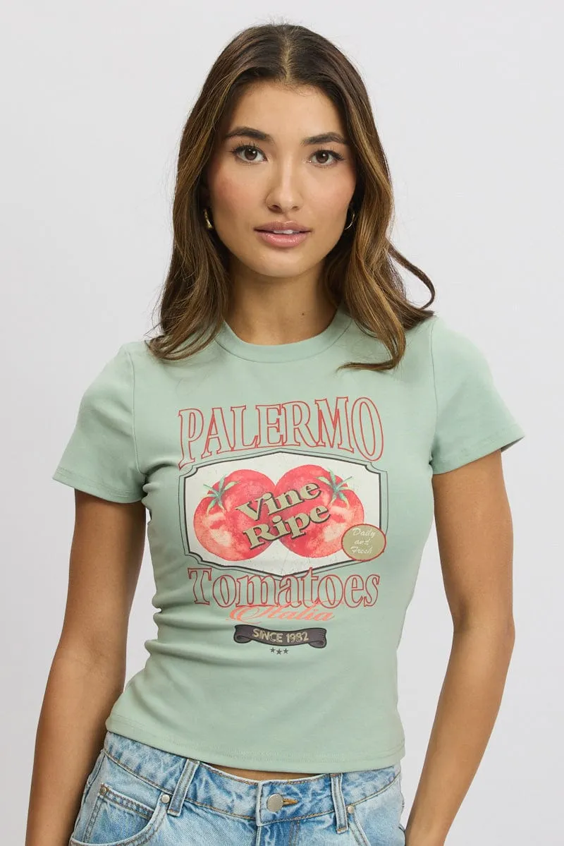 Fun Prints Green Graphic Tee Short Sleeve