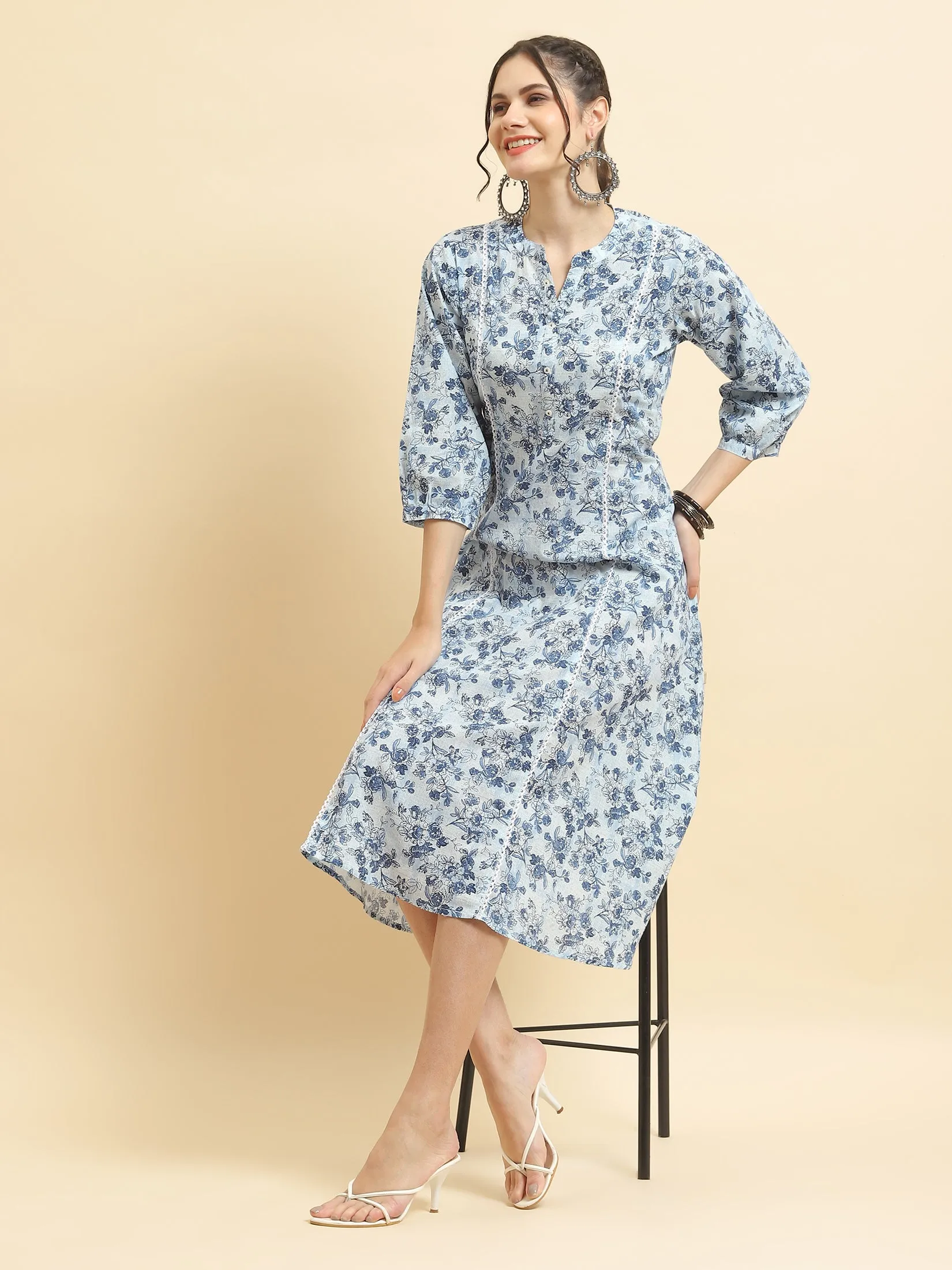 Women Cotton Blue Floral Print Dress Elegant Tunic