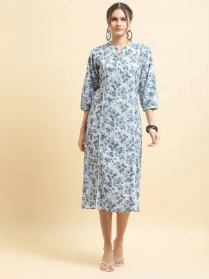 Trendy Fashion Calm Core Women Cotton Blue Floral Print Dress