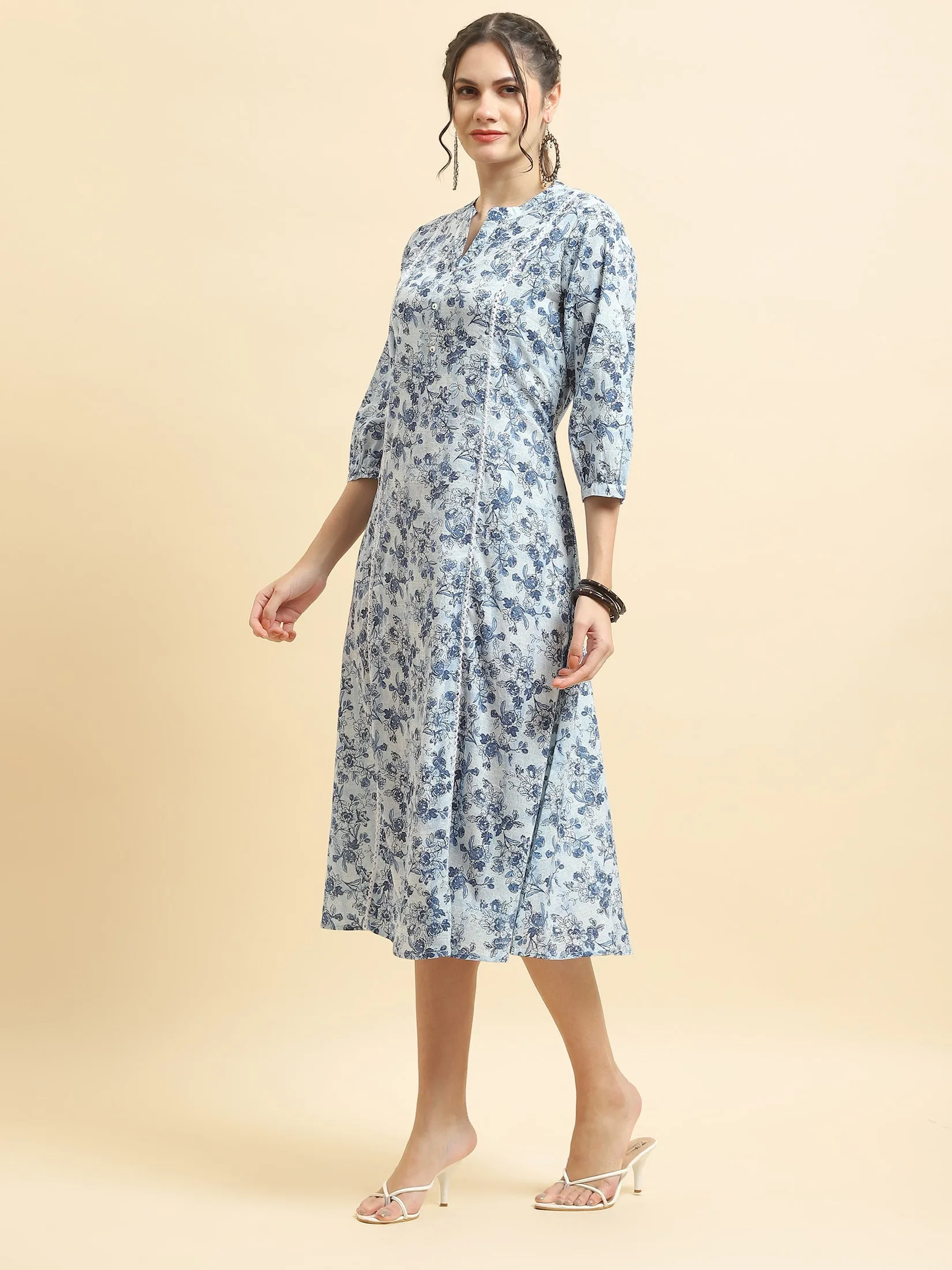 Women Cotton Blue Floral Print Dress Modern Boots