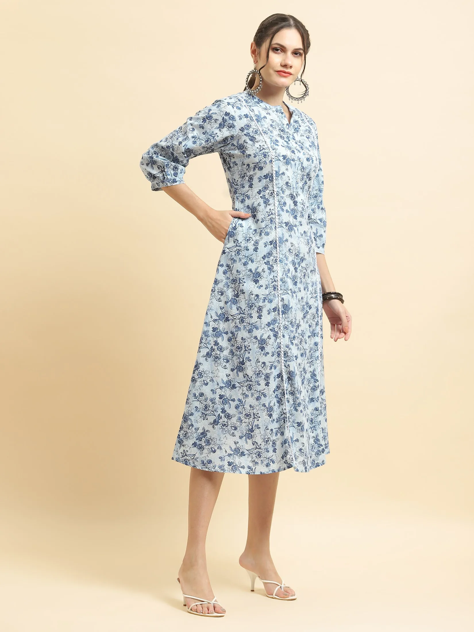 Reuse Mode Versatile Dress Women Cotton Blue Floral Print Dress